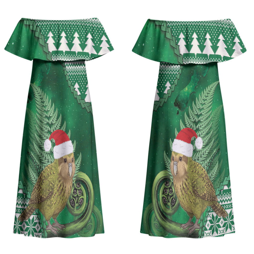 New Zealand Kakapo Christmas In July Couples Matching Off Shoulder Maxi Dress and Hawaiian Shirt Silver Fern Santa Xmas Green Color LT22 - Polynesian Pride