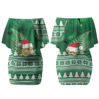 New Zealand Kakapo Christmas In July Couples Matching Off Shoulder Short Dress and Long Sleeve Button Shirt Silver Fern Santa Xmas Green Color LT22 - Polynesian Pride