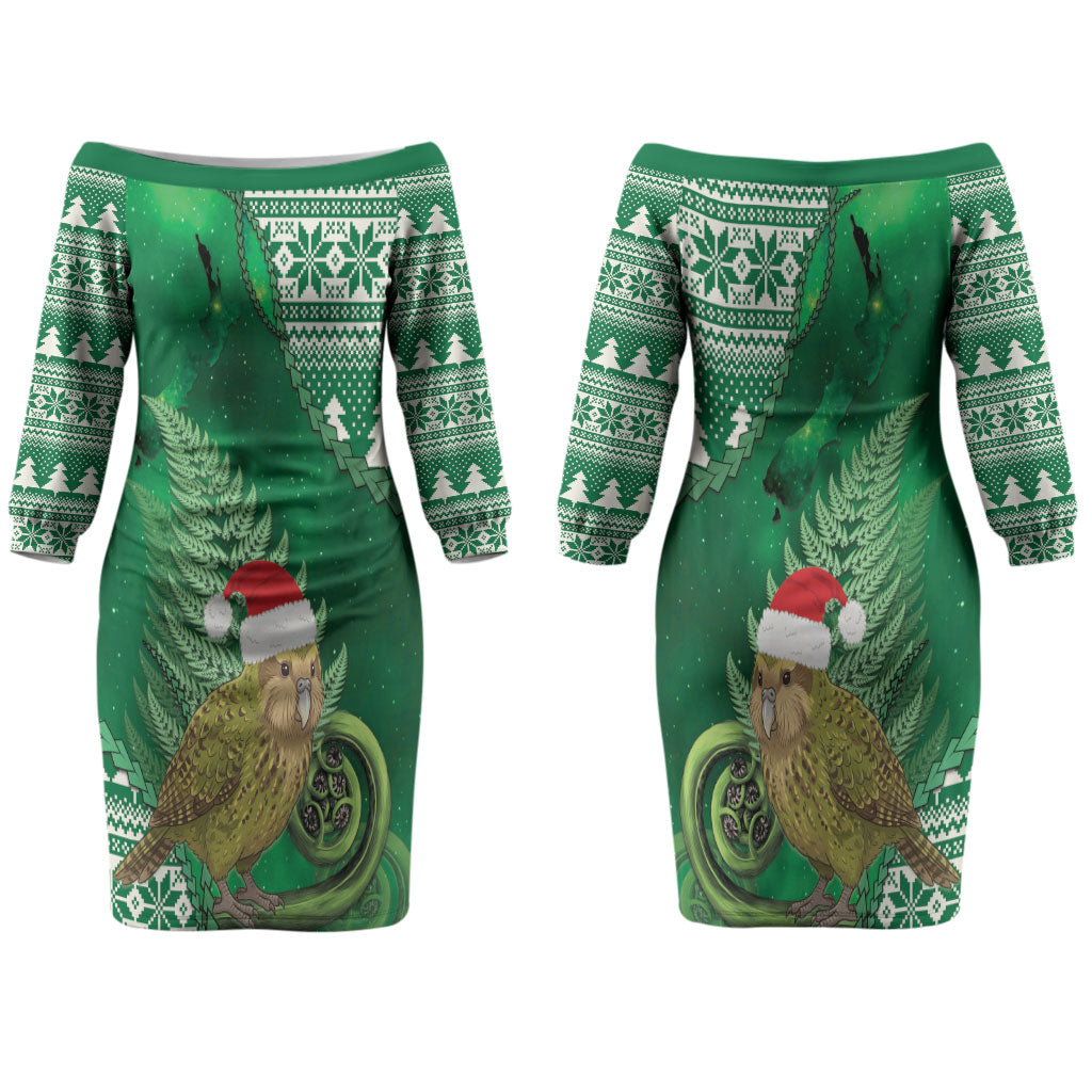 New Zealand Kakapo Christmas In July Couples Matching Off The Shoulder Long Sleeve Dress and Hawaiian Shirt Silver Fern Santa Xmas Green Color LT22 - Polynesian Pride