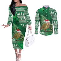 New Zealand Kakapo Christmas In July Couples Matching Off The Shoulder Long Sleeve Dress and Long Sleeve Button Shirt Silver Fern Santa Xmas Green Color