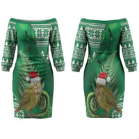New Zealand Kakapo Christmas In July Couples Matching Off The Shoulder Long Sleeve Dress and Long Sleeve Button Shirt Silver Fern Santa Xmas Green Color LT22 - Polynesian Pride