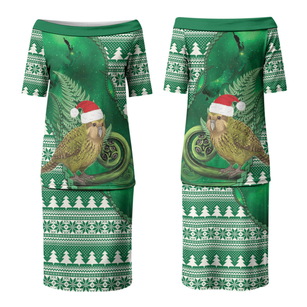 New Zealand Kakapo Christmas In July Couples Matching Puletasi and Hawaiian Shirt Silver Fern Santa Xmas Green Color LT22 - Polynesian Pride