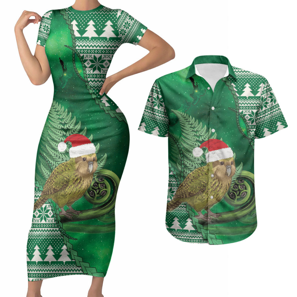 New Zealand Kakapo Christmas In July Couples Matching Short Sleeve Bodycon Dress and Hawaiian Shirt Silver Fern Santa Xmas Green Color LT22 Green - Polynesian Pride