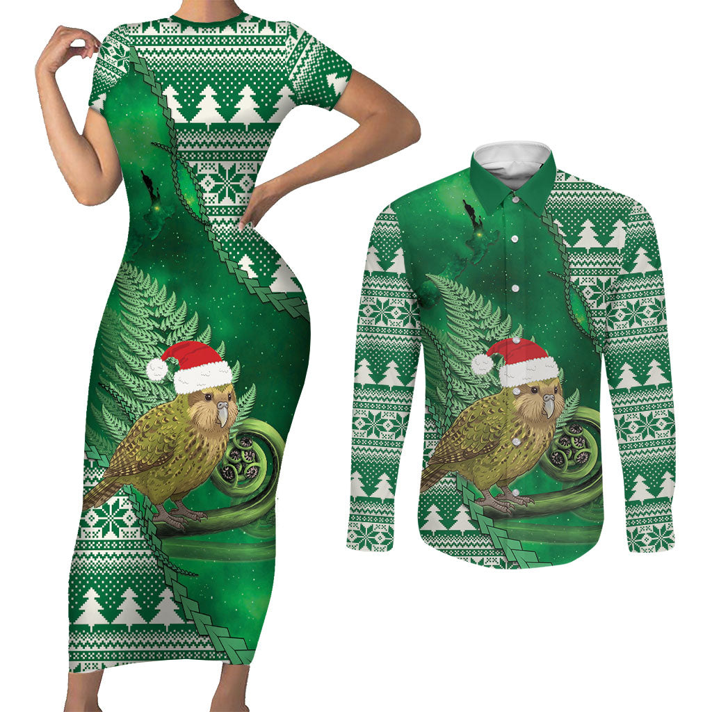 New Zealand Kakapo Christmas In July Couples Matching Short Sleeve Bodycon Dress and Long Sleeve Button Shirt Silver Fern Santa Xmas Green Color LT22 Green - Polynesian Pride