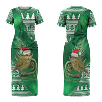 New Zealand Kakapo Christmas In July Couples Matching Short Sleeve Bodycon Dress and Long Sleeve Button Shirt Silver Fern Santa Xmas Green Color LT22 - Polynesian Pride