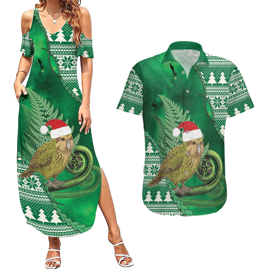New Zealand Kakapo Christmas In July Couples Matching Summer Maxi Dress and Hawaiian Shirt Silver Fern Santa Xmas Green Color