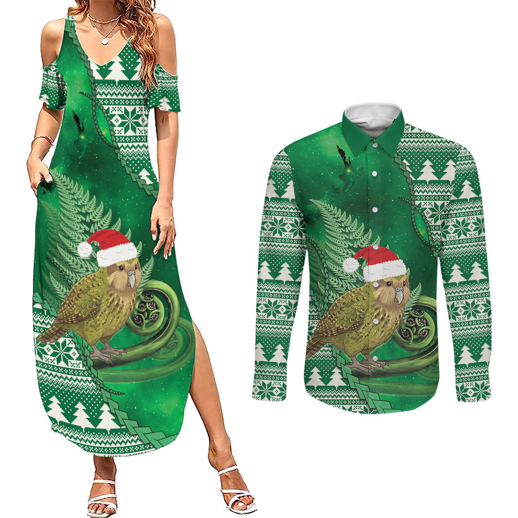 New Zealand Kakapo Christmas In July Couples Matching Summer Maxi Dress and Long Sleeve Button Shirt Silver Fern Santa Xmas Green Color