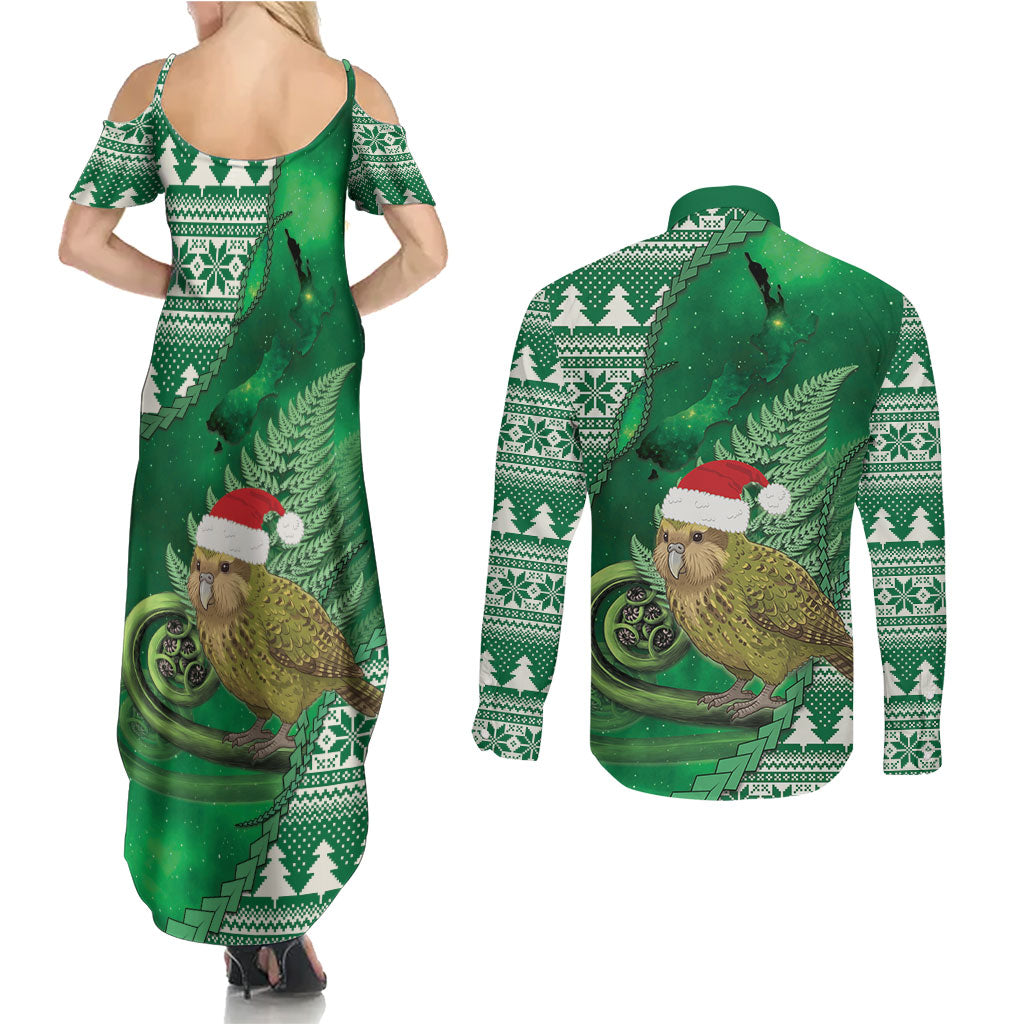 New Zealand Kakapo Christmas In July Couples Matching Summer Maxi Dress and Long Sleeve Button Shirt Silver Fern Santa Xmas Green Color