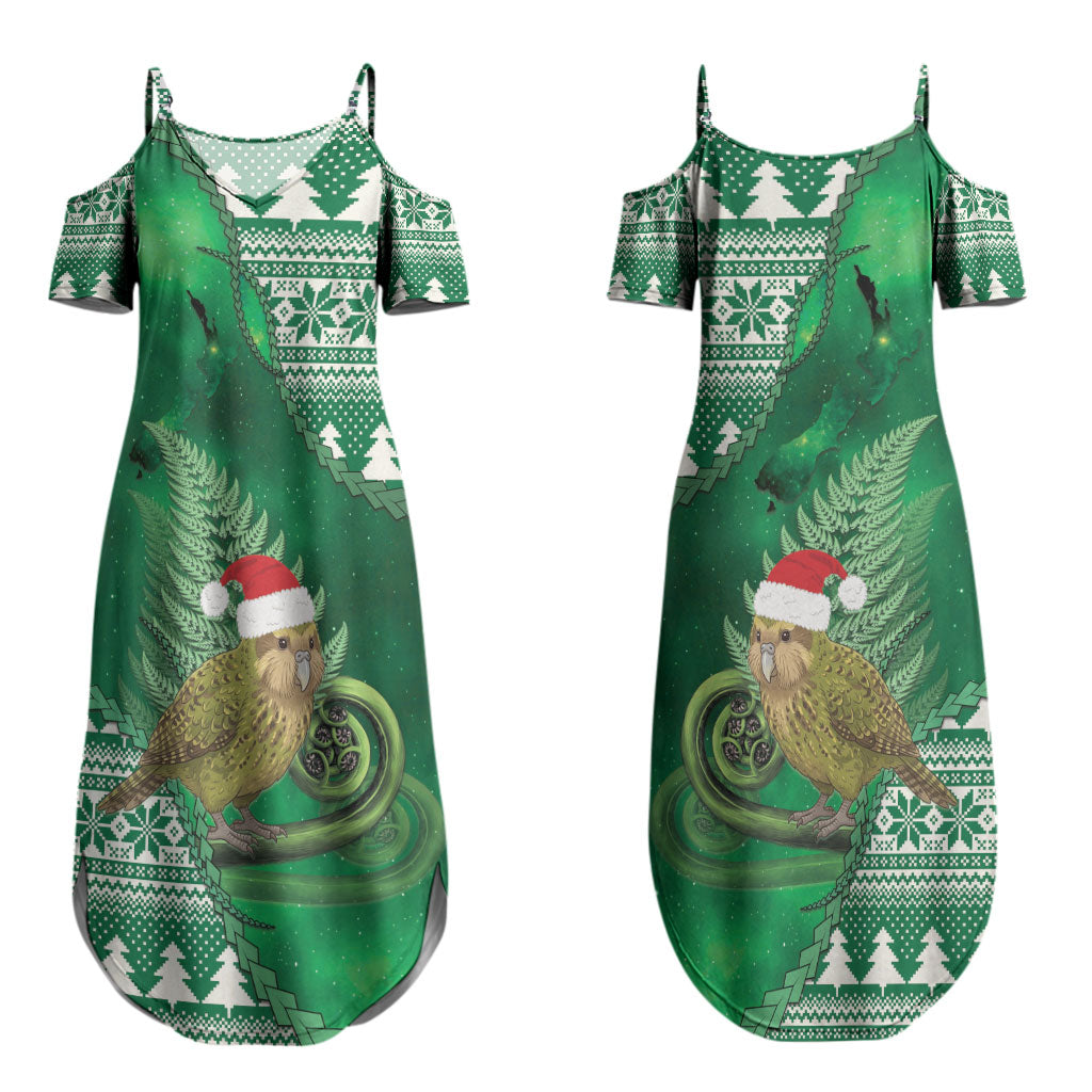 New Zealand Kakapo Christmas In July Couples Matching Summer Maxi Dress and Long Sleeve Button Shirt Silver Fern Santa Xmas Green Color LT22 - Polynesian Pride