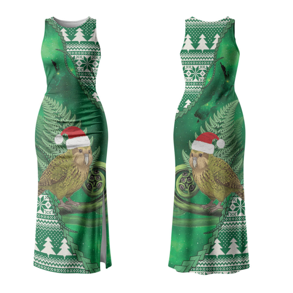 New Zealand Kakapo Christmas In July Couples Matching Tank Maxi Dress and Long Sleeve Button Shirt Silver Fern Santa Xmas Green Color LT22 - Polynesian Pride