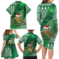 New Zealand Kakapo Christmas In July Family Matching Long Sleeve Bodycon Dress and Hawaiian Shirt Silver Fern Santa Xmas Green Color