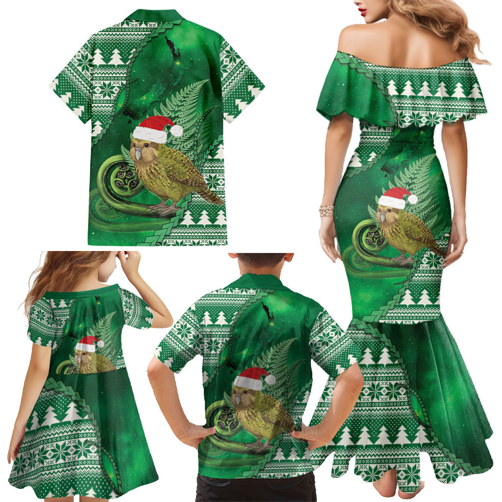 New Zealand Kakapo Christmas In July Family Matching Mermaid Dress and Hawaiian Shirt Silver Fern Santa Xmas Green Color