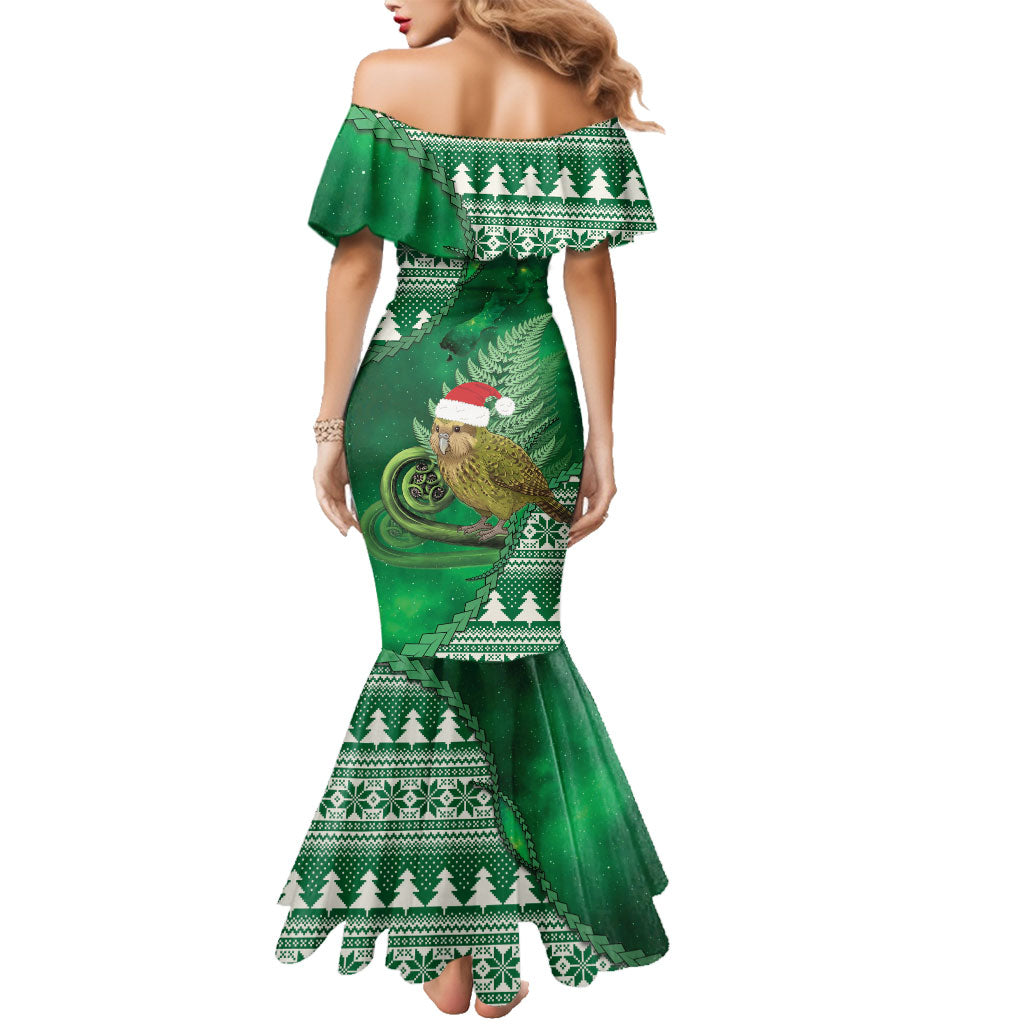 New Zealand Kakapo Christmas In July Family Matching Mermaid Dress and Hawaiian Shirt Silver Fern Santa Xmas Green Color