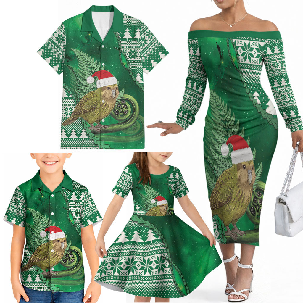New Zealand Kakapo Christmas In July Family Matching Off The Shoulder Long Sleeve Dress and Hawaiian Shirt Silver Fern Santa Xmas Green Color LT22 - Polynesian Pride