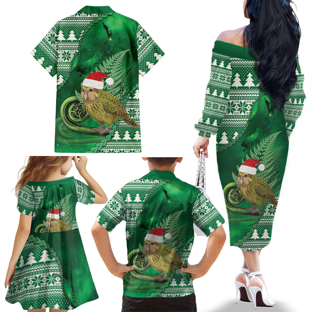 New Zealand Kakapo Christmas In July Family Matching Off The Shoulder Long Sleeve Dress and Hawaiian Shirt Silver Fern Santa Xmas Green Color