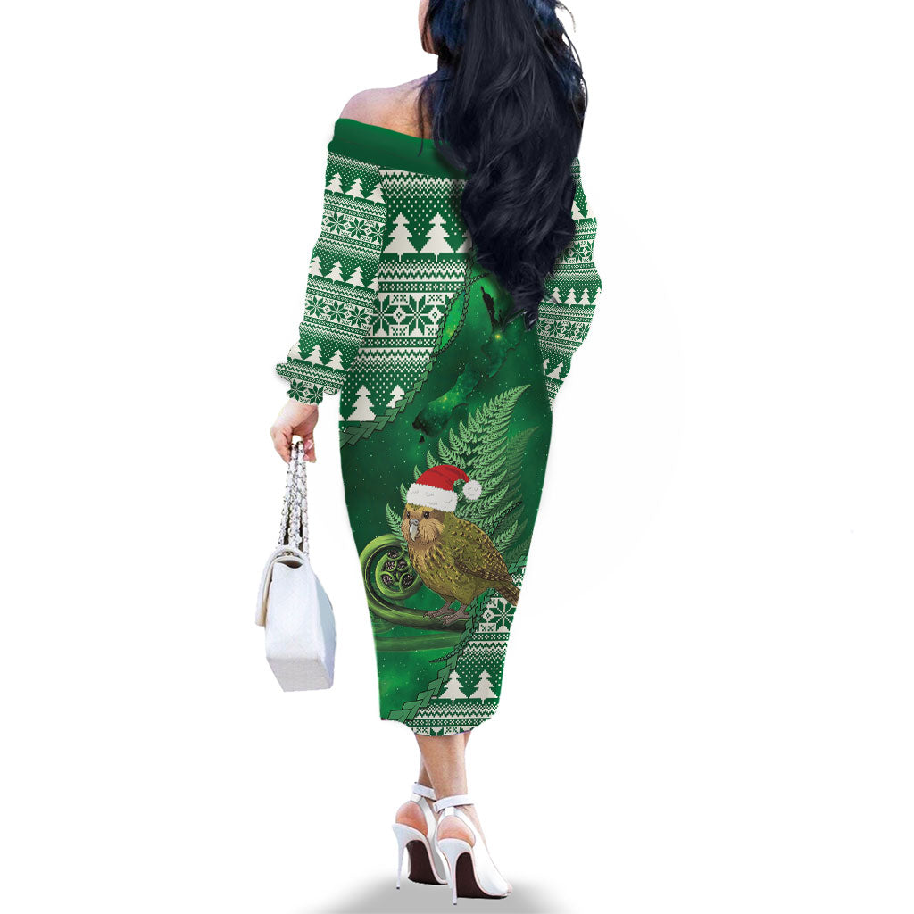 New Zealand Kakapo Christmas In July Family Matching Off The Shoulder Long Sleeve Dress and Hawaiian Shirt Silver Fern Santa Xmas Green Color