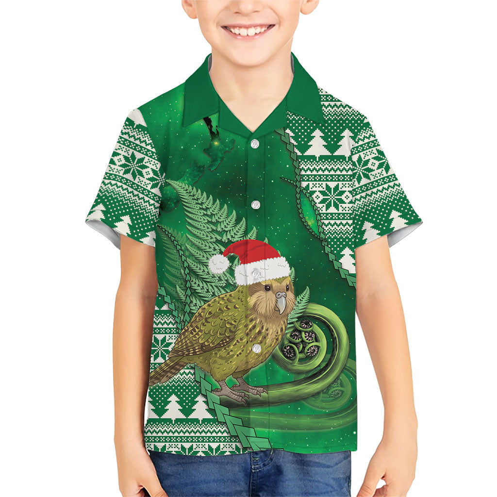 New Zealand Kakapo Christmas In July Family Matching Off The Shoulder Long Sleeve Dress and Hawaiian Shirt Silver Fern Santa Xmas Green Color