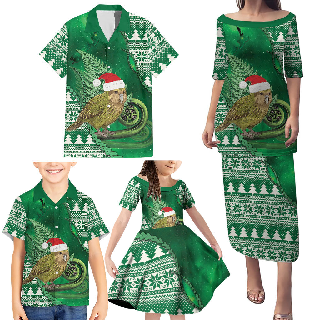New Zealand Kakapo Christmas In July Family Matching Puletasi and Hawaiian Shirt Silver Fern Santa Xmas Green Color