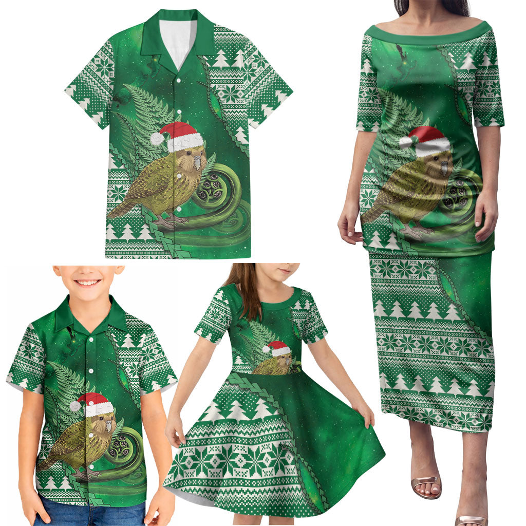New Zealand Kakapo Christmas In July Family Matching Puletasi and Hawaiian Shirt Silver Fern Santa Xmas Green Color LT22 - Polynesian Pride