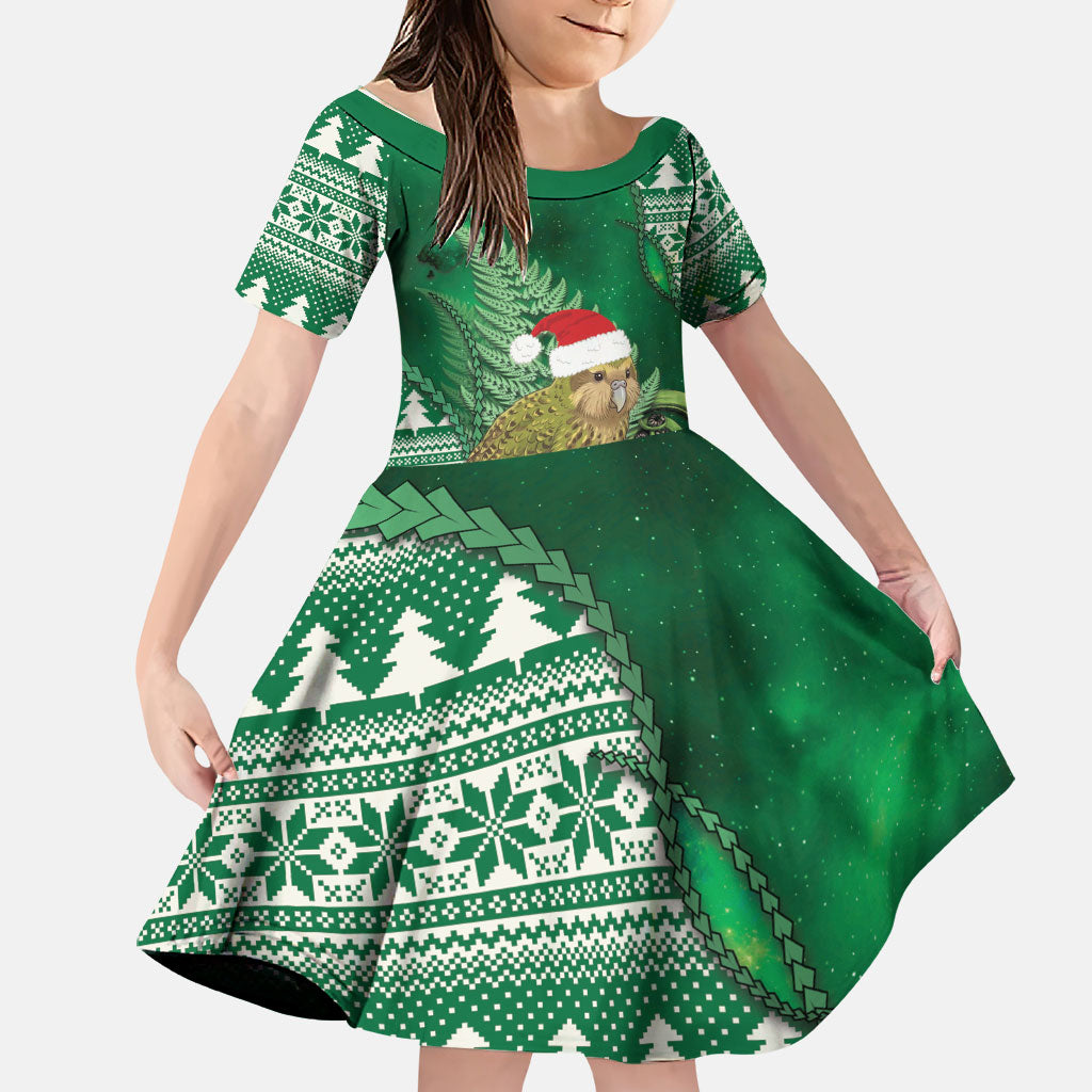 New Zealand Kakapo Christmas In July Family Matching Short Sleeve Bodycon Dress and Hawaiian Shirt Silver Fern Santa Xmas Green Color