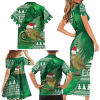 New Zealand Kakapo Christmas In July Family Matching Short Sleeve Bodycon Dress and Hawaiian Shirt Silver Fern Santa Xmas Green Color