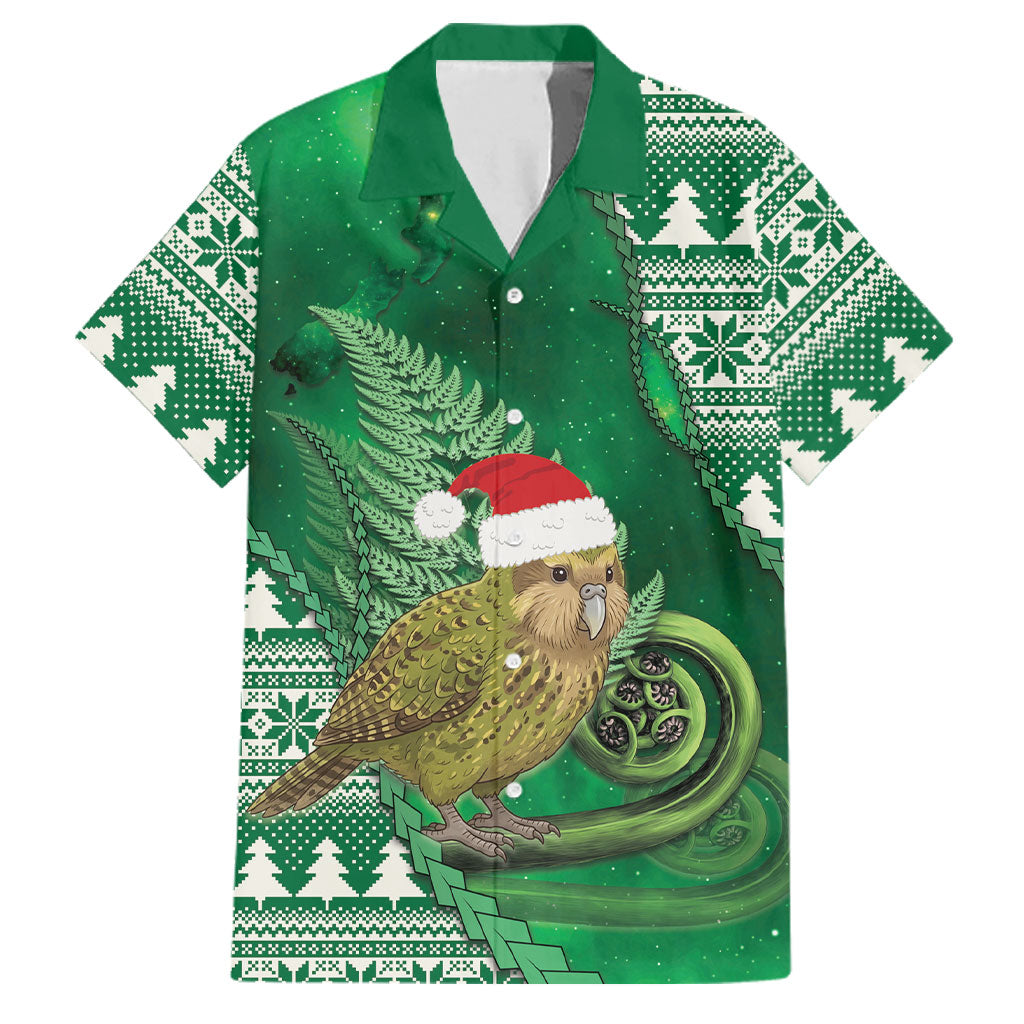 New Zealand Kakapo Christmas In July Family Matching Short Sleeve Bodycon Dress and Hawaiian Shirt Silver Fern Santa Xmas Green Color