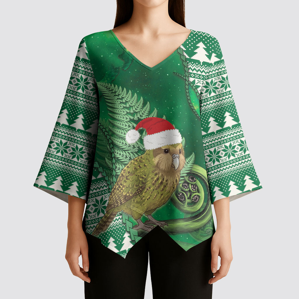 New Zealand Kakapo Christmas In July Kimono Sleeve Blouse Silver Fern Santa Xmas Green Color