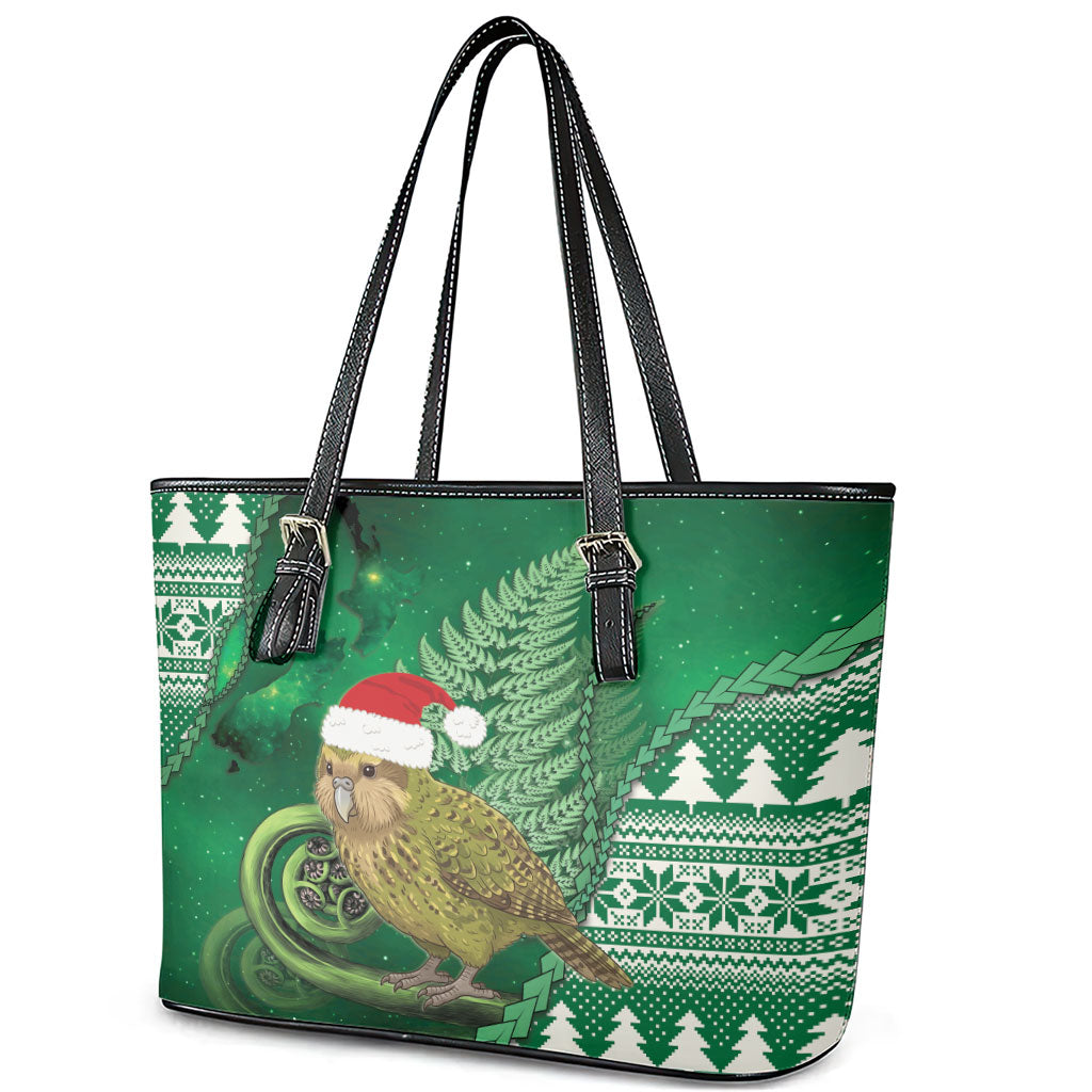 New Zealand Kakapo Christmas In July Leather Tote Bag Silver Fern Santa Xmas Green Color