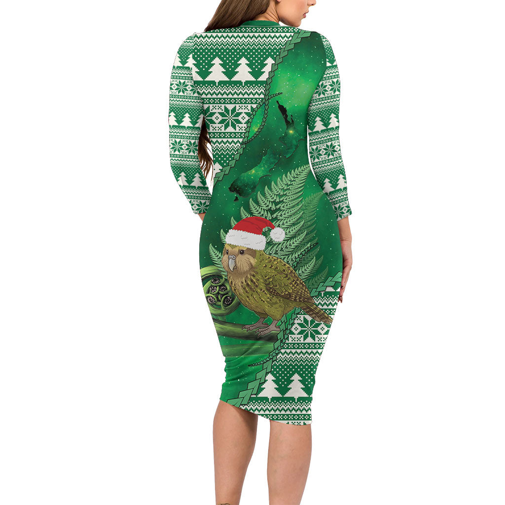 New Zealand Kakapo Christmas In July Long Sleeve Bodycon Dress Silver Fern Santa Xmas Green Color