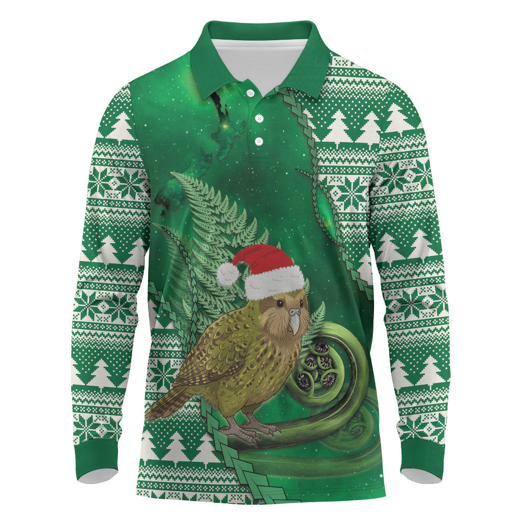 New Zealand Kakapo Christmas In July Long Sleeve Polo Shirt Silver Fern Santa Xmas Green Color
