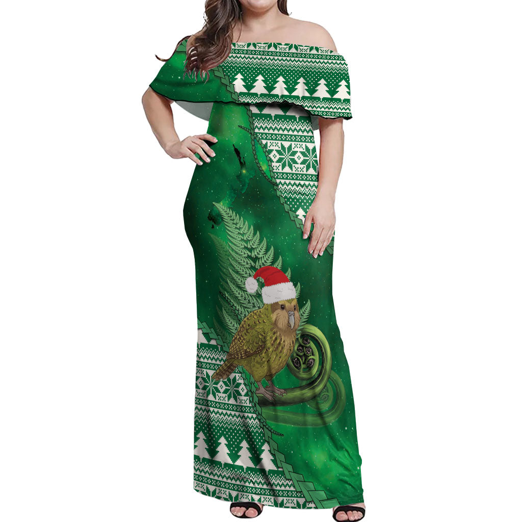 New Zealand Kakapo Christmas In July Off Shoulder Maxi Dress Silver Fern Santa Xmas Green Color