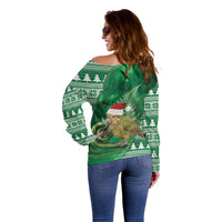 New Zealand Kakapo Christmas In July Off Shoulder Sweater Silver Fern Santa Xmas Green Color