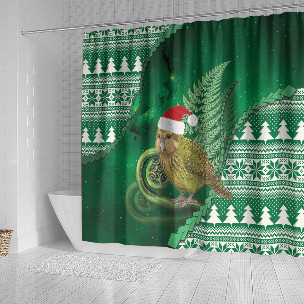New Zealand Kakapo Christmas In July Shower Curtain Silver Fern Santa Xmas Green Color