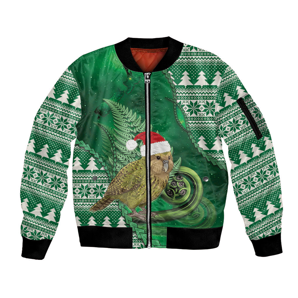 New Zealand Kakapo Christmas In July Sleeve Zip Bomber Jacket Silver Fern Santa Xmas Green Color