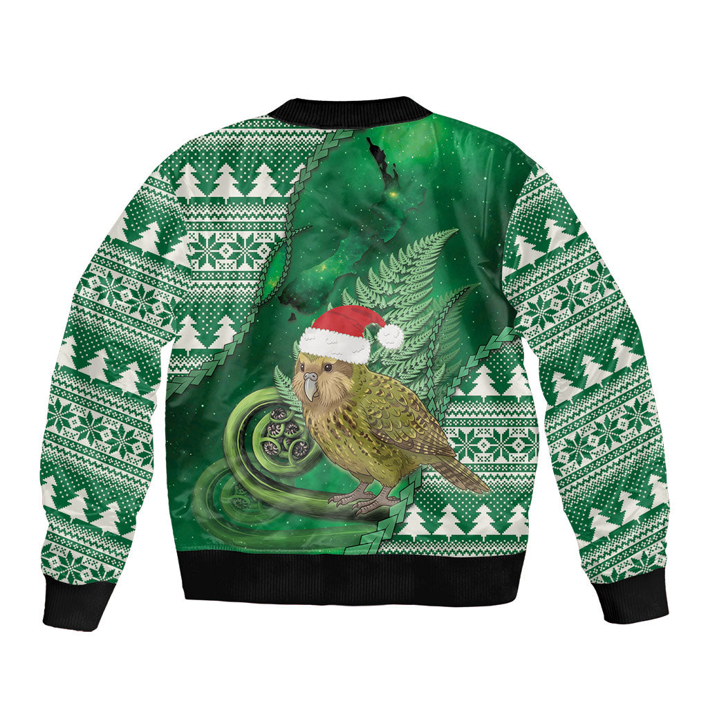 New Zealand Kakapo Christmas In July Sleeve Zip Bomber Jacket Silver Fern Santa Xmas Green Color