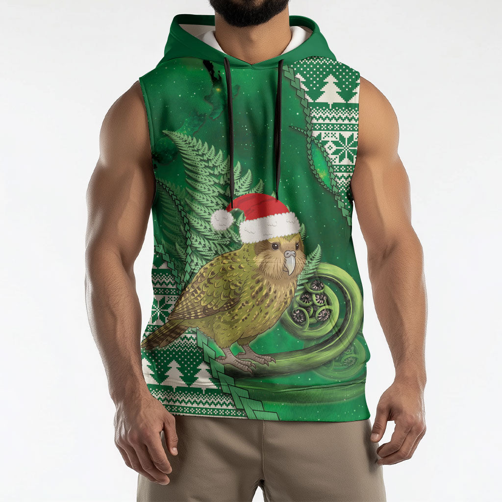 New Zealand Kakapo Christmas In July Sleeveless Hoodie Silver Fern Santa Xmas Green Color