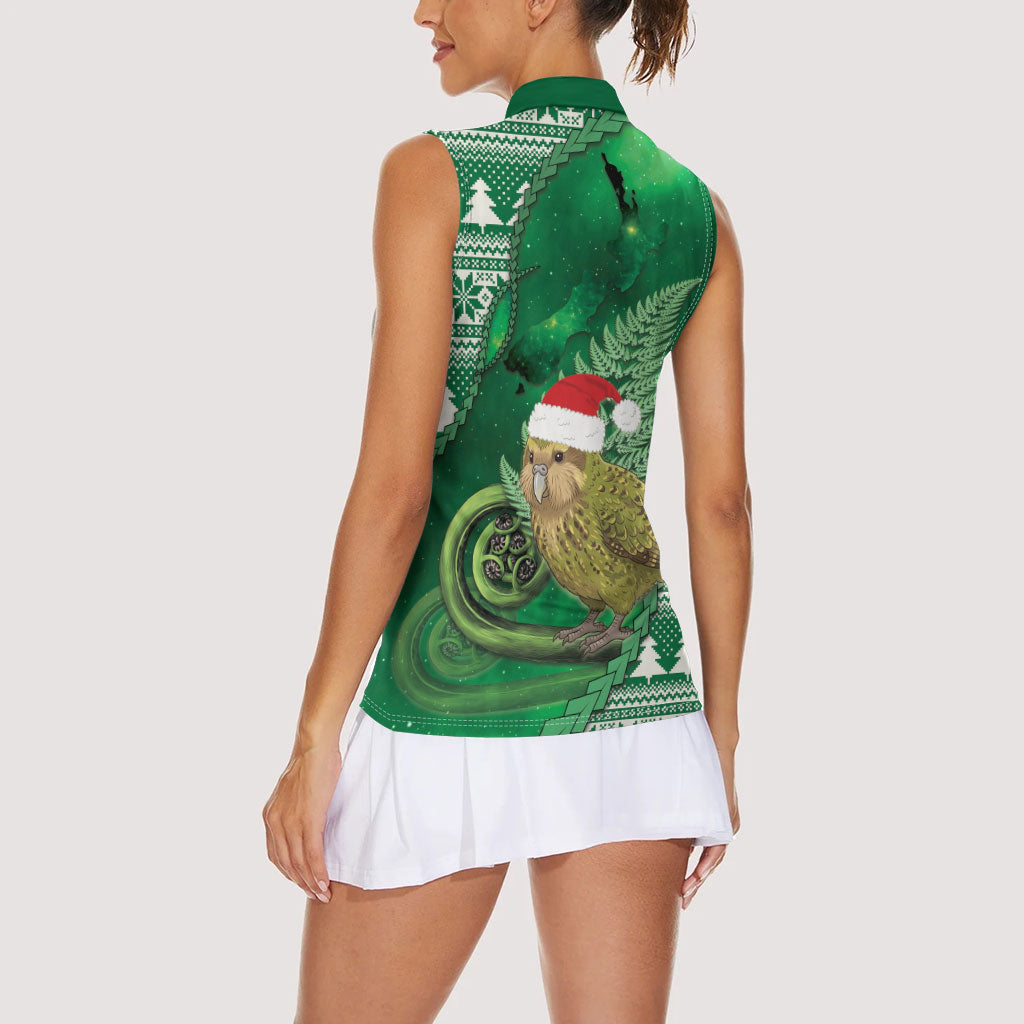 New Zealand Kakapo Christmas In July Women Sleeveless Polo Shirt Silver Fern Santa Xmas Green Color