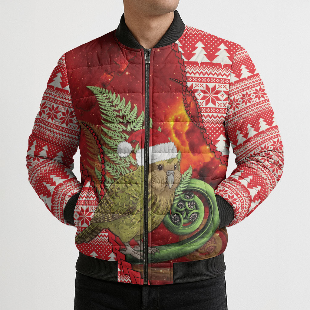 New Zealand Kakapo Christmas In July Bomber Puffer Jacket Silver Fern Santa Xmas Red Color