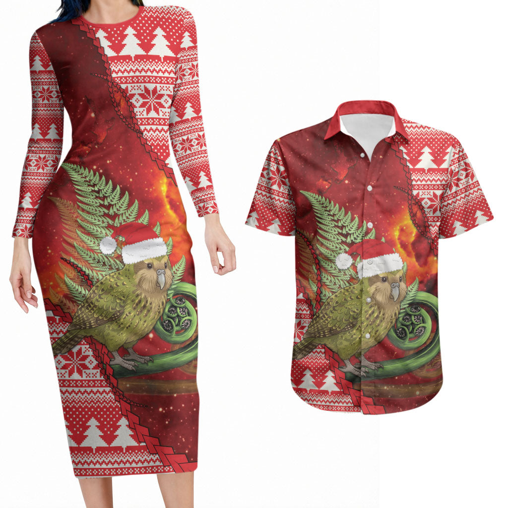 New Zealand Kakapo Christmas In July Couples Matching Long Sleeve Bodycon Dress and Hawaiian Shirt Silver Fern Santa Xmas Red Color LT22 Red - Polynesian Pride