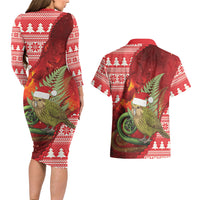 New Zealand Kakapo Christmas In July Couples Matching Long Sleeve Bodycon Dress and Hawaiian Shirt Silver Fern Santa Xmas Red Color