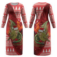New Zealand Kakapo Christmas In July Couples Matching Long Sleeve Bodycon Dress and Hawaiian Shirt Silver Fern Santa Xmas Red Color LT22 - Polynesian Pride
