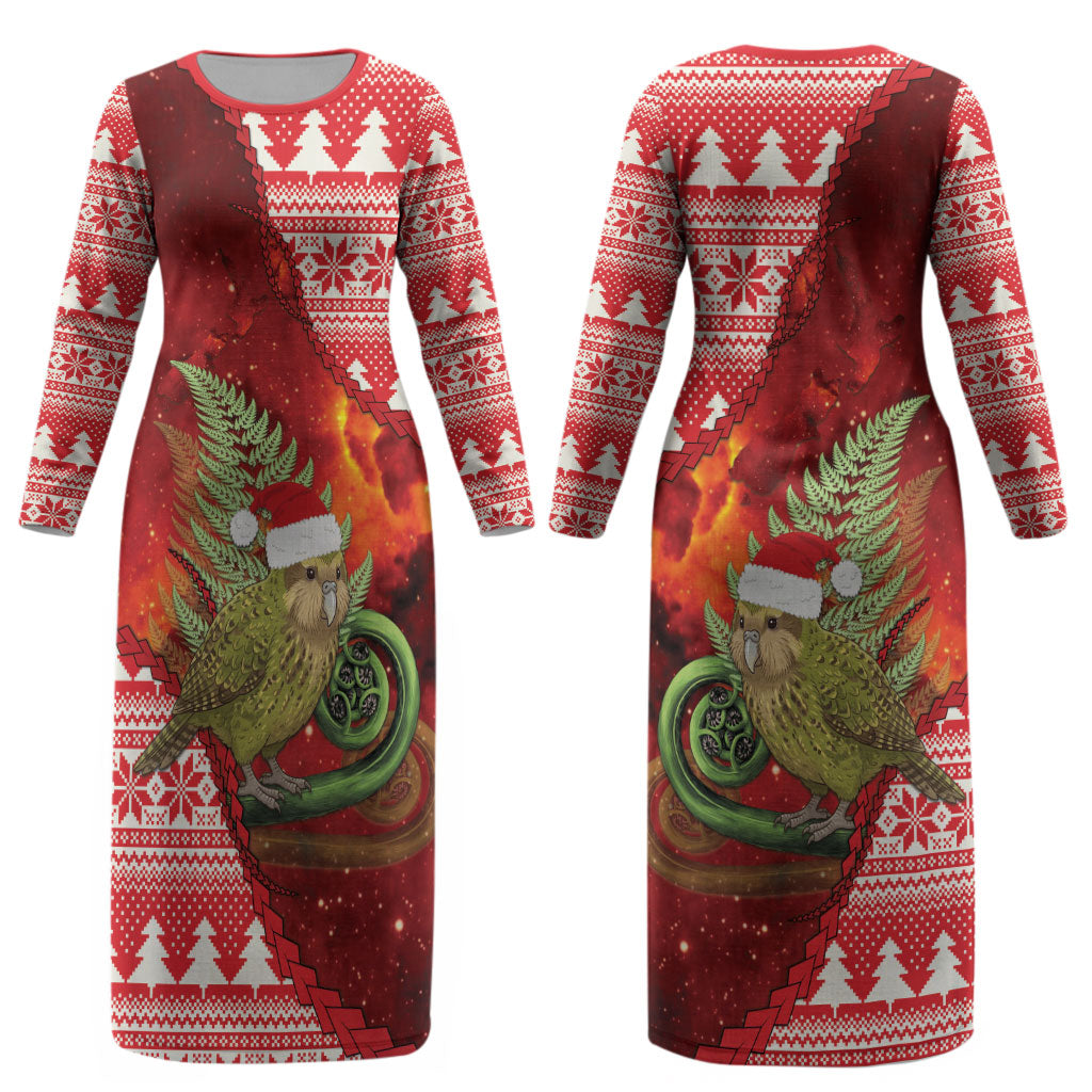 New Zealand Kakapo Christmas In July Couples Matching Long Sleeve Bodycon Dress and Long Sleeve Button Shirt Silver Fern Santa Xmas Red Color LT22 - Polynesian Pride
