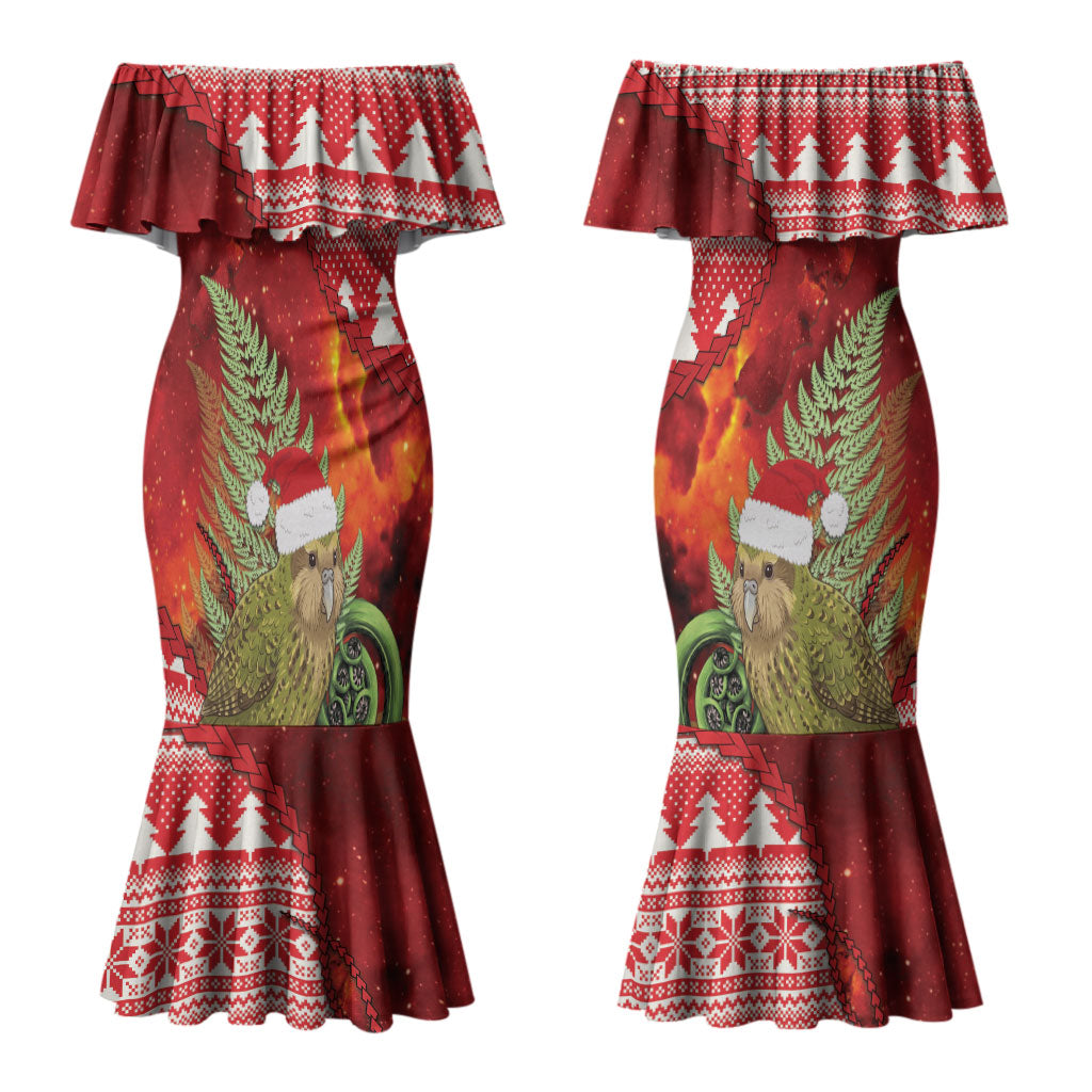 New Zealand Kakapo Christmas In July Couples Matching Mermaid Dress and Hawaiian Shirt Silver Fern Santa Xmas Red Color LT22 - Polynesian Pride