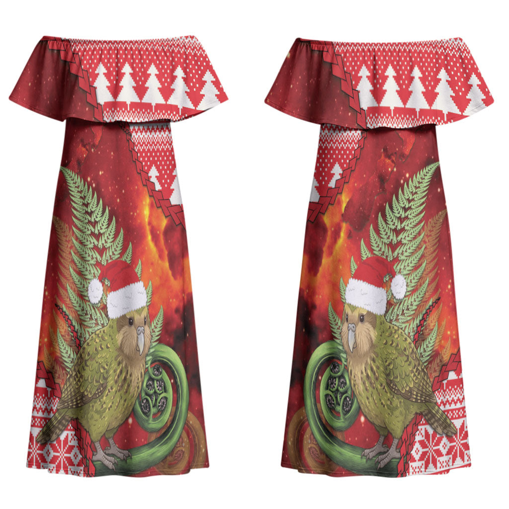 New Zealand Kakapo Christmas In July Couples Matching Off Shoulder Maxi Dress and Hawaiian Shirt Silver Fern Santa Xmas Red Color LT22 - Polynesian Pride