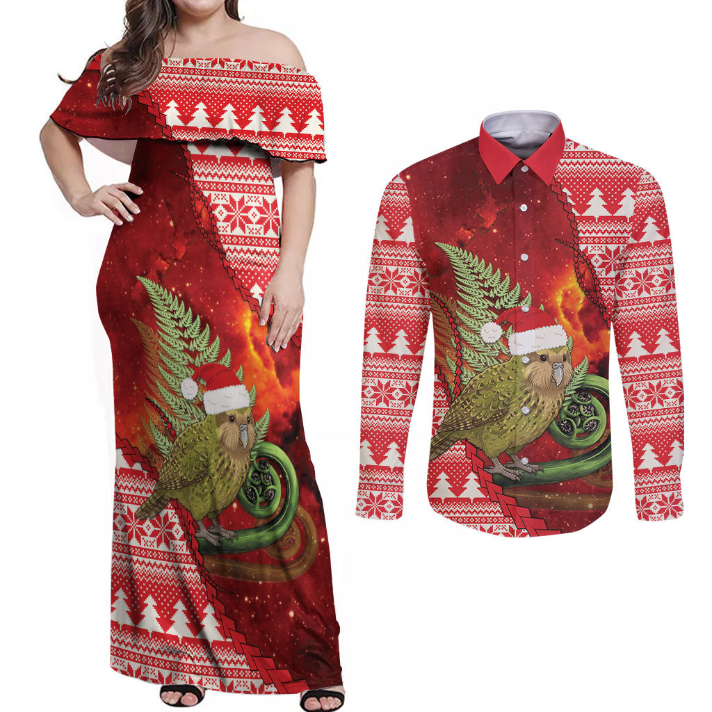 New Zealand Kakapo Christmas In July Couples Matching Off Shoulder Maxi Dress and Long Sleeve Button Shirt Silver Fern Santa Xmas Red Color