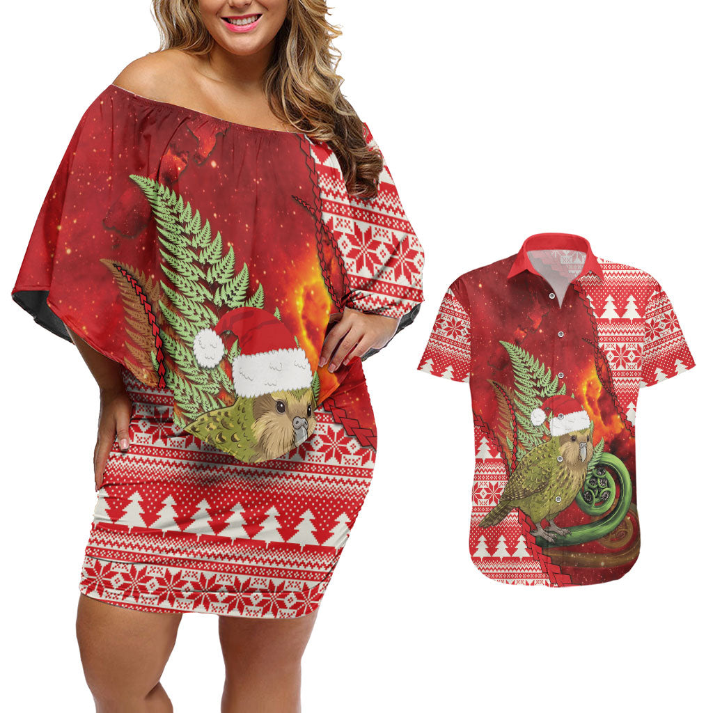 New Zealand Kakapo Christmas In July Couples Matching Off Shoulder Short Dress and Hawaiian Shirt Silver Fern Santa Xmas Red Color