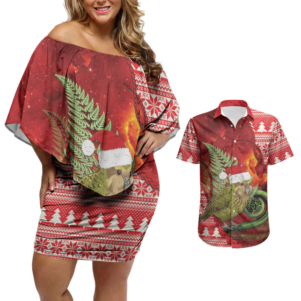 New Zealand Kakapo Christmas In July Couples Matching Off Shoulder Short Dress and Hawaiian Shirt Silver Fern Santa Xmas Red Color LT22 Red - Polynesian Pride