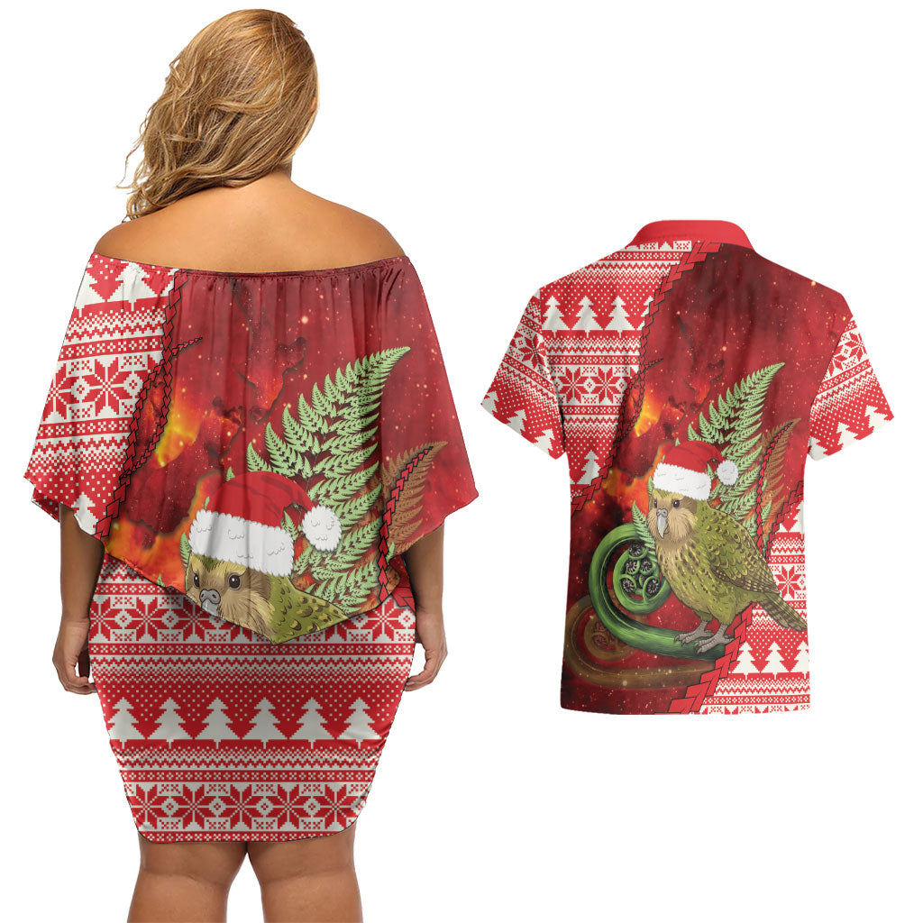 New Zealand Kakapo Christmas In July Couples Matching Off Shoulder Short Dress and Hawaiian Shirt Silver Fern Santa Xmas Red Color
