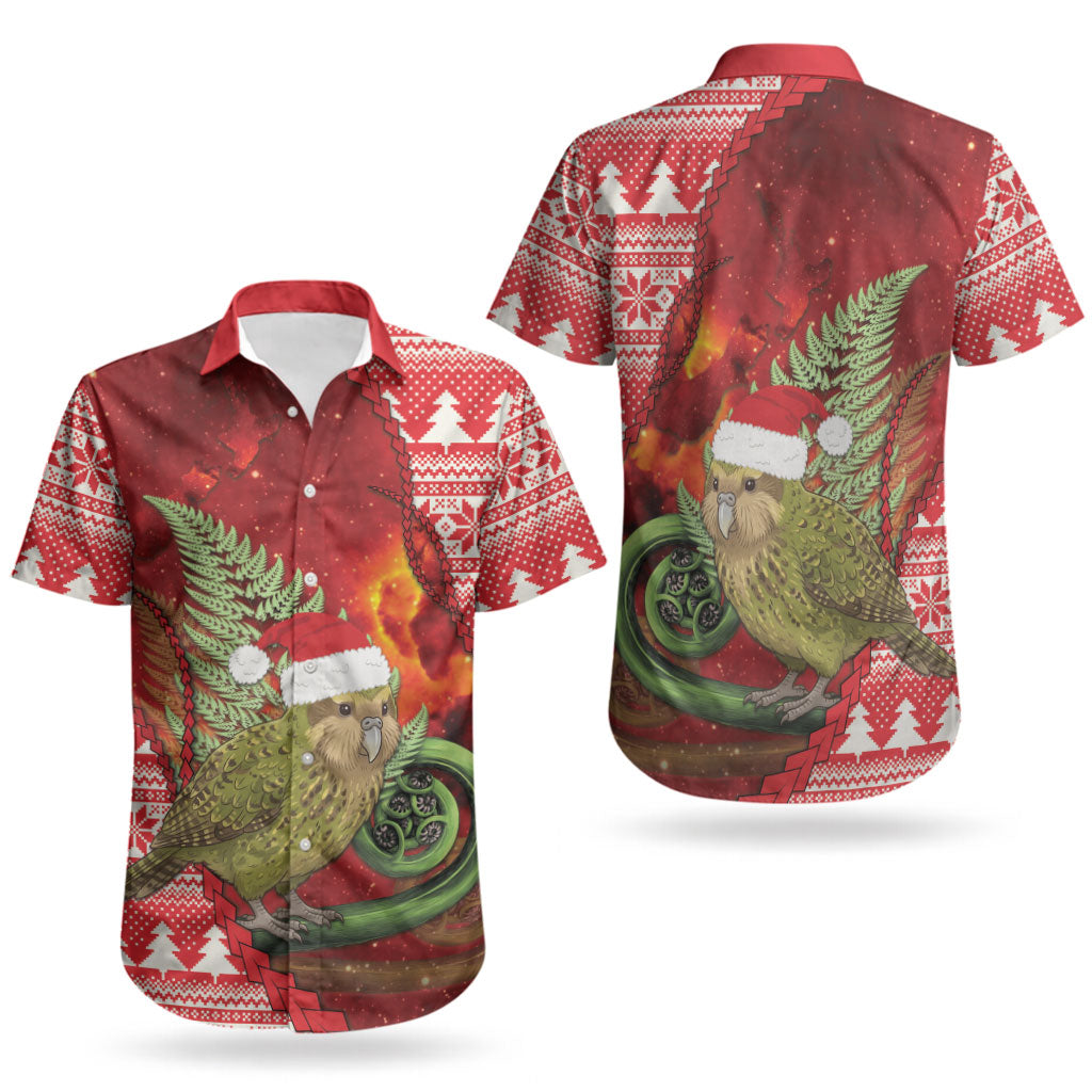 New Zealand Kakapo Christmas In July Couples Matching Off Shoulder Short Dress and Hawaiian Shirt Silver Fern Santa Xmas Red Color LT22 - Polynesian Pride