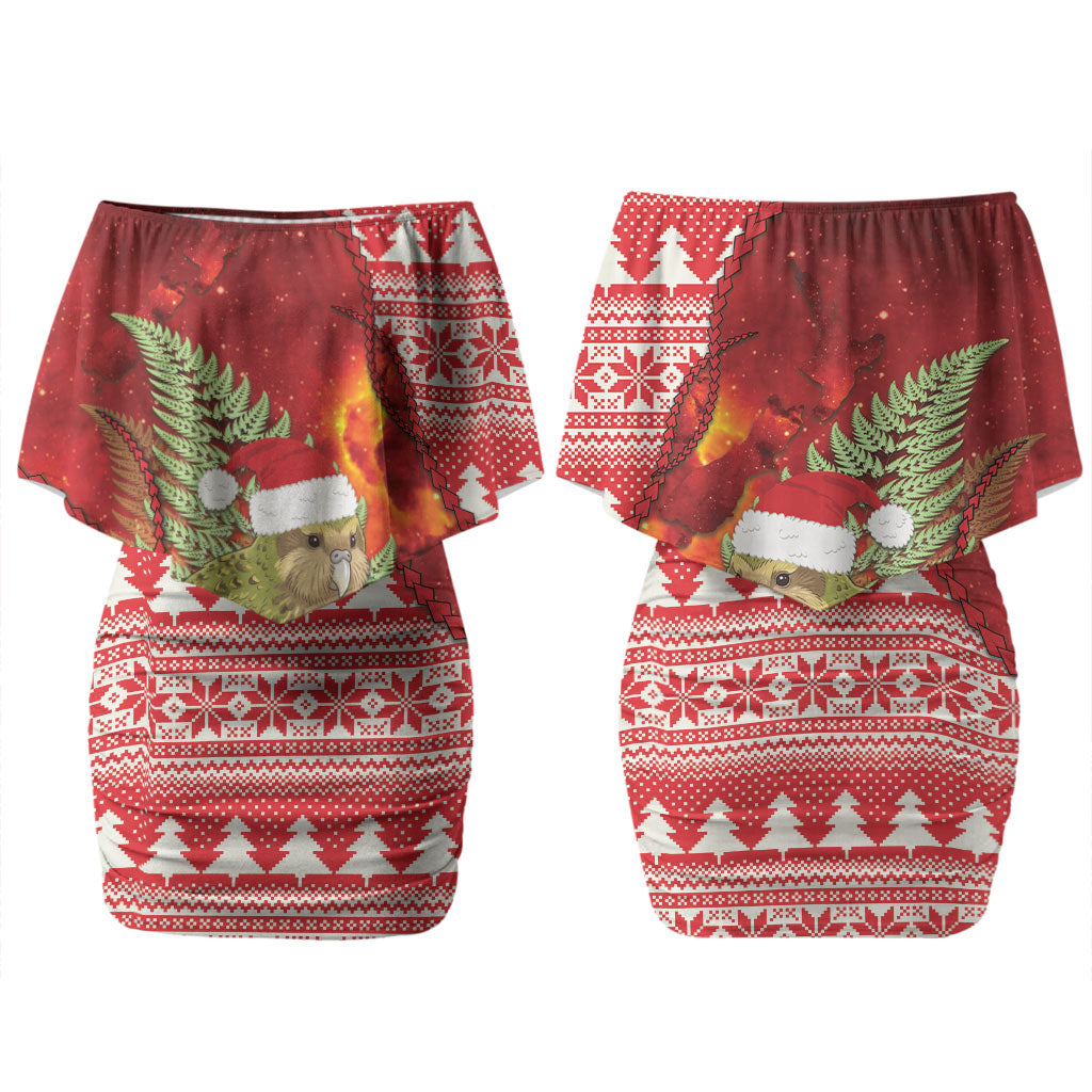 New Zealand Kakapo Christmas In July Couples Matching Off Shoulder Short Dress and Long Sleeve Button Shirt Silver Fern Santa Xmas Red Color LT22 - Polynesian Pride